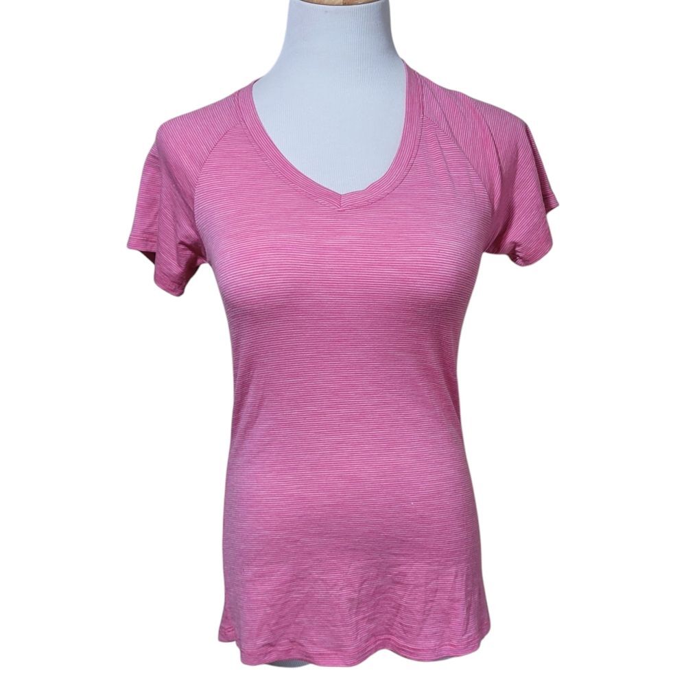 Woolx Merino Wool V-Neck Striped Tee Activewear Top Breathable Pink XSmall